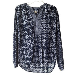 LOFT XS Blue White Long‎ Sleeve V-Neck Long Sleeve Pullover Top